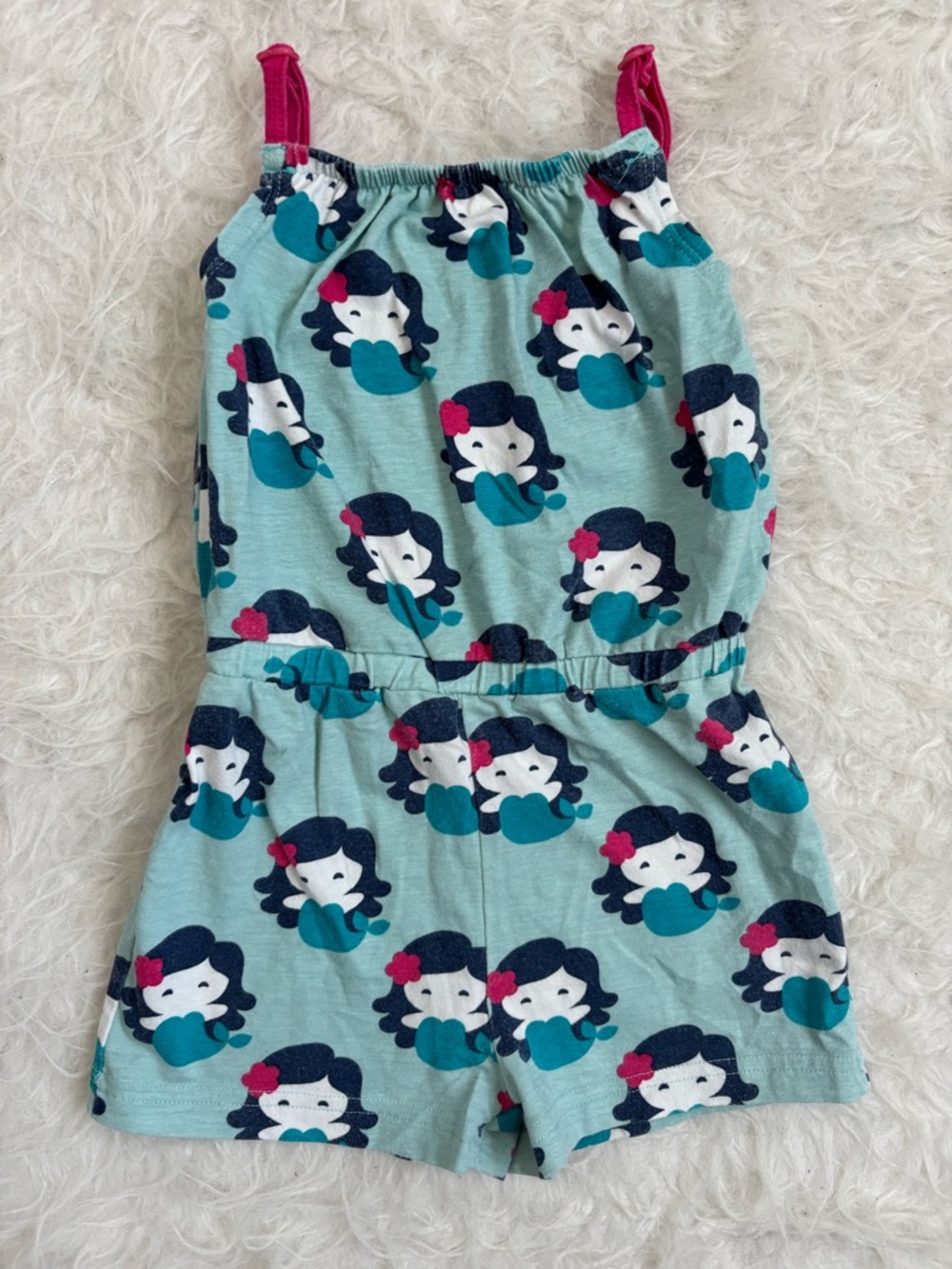 Maxomorra Girls Teal Mermaid AOP Summer Romper with Pink Straps